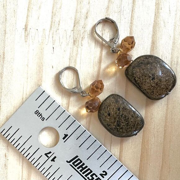 Earthy Polished Stone Earrings with Amber-Toned Crystals - Picture 3 of 8